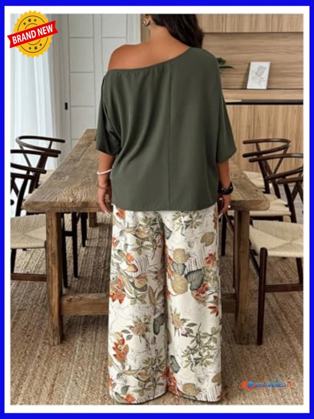 Plus Size 2 Piece Off Shoulder Top and Floral Pants Set Summer Vacation Outfits - Picture 2 of 5